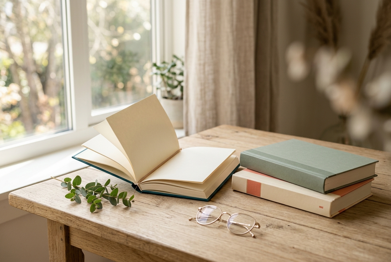 Three finished memoirs on a table